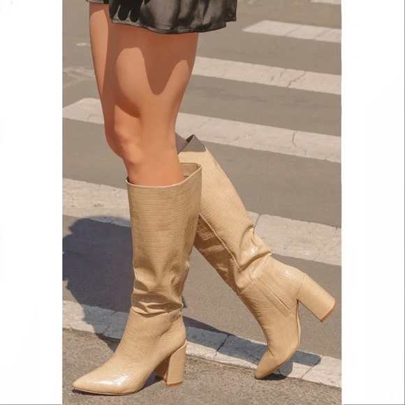 Lulus Shoes - Lulu’s Croc Pointed-Toe Knee High Boots in Light Nude Size 8 New In Box